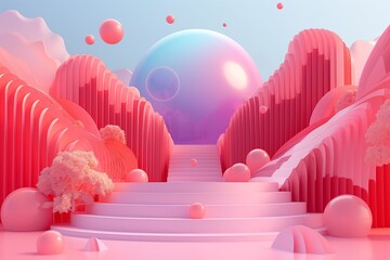 Abstract Pink Landscape with Geometric Shapes