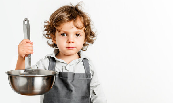 Little boy wearing a kitchen apron with a pan in his hand, copyspace