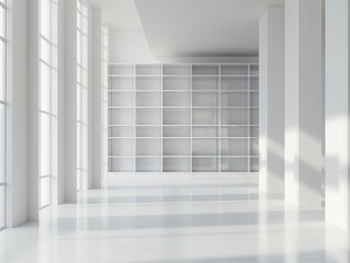 Spacious white room with large windows, casting soft shadows on a glossy floor.