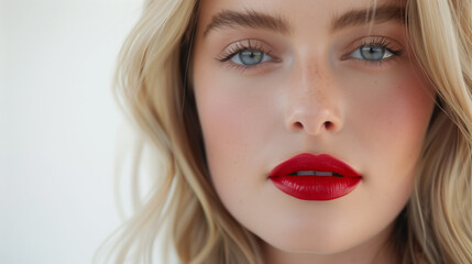 beautiful European female lipstick model with seductive lips, appearing graceful in front of the camera, attractive confident expression, striking red lipstick and thin lips, Ai Generated Images