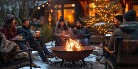 Close group of friends enjoying a cozy bonfire at a backyard winter gathering with soft lights