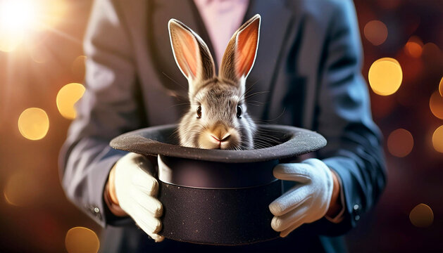 Extreme close-up of a magician holding a magic hat from which a rabbit comes out and looking at camera. Concept of magic and illusion. Generative Ai.