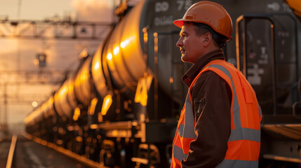 An engineer inspects an oil train and railroad station while wearing a safety uniform and helmet.