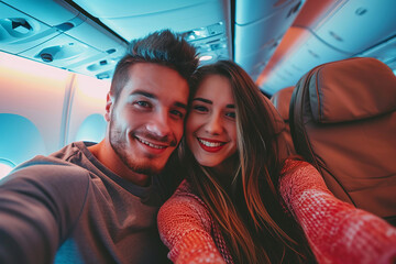 Young couple in flight taking selfie portrait excited to go on vacation. Passengers boarding on...