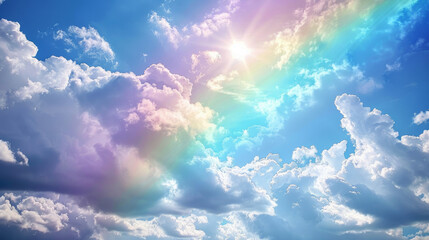 Azure sky adorned with fluffy white clouds and a vibrant rainbow creates a breathtaking spectacle.