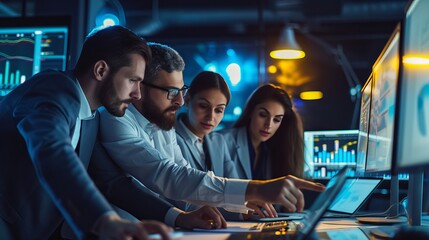 Team of professionals engaging in strategic planning and data analysis in a modern corporate office environment