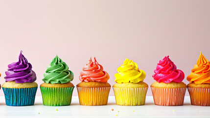 Cupcakes in bright, rainbow colors form a line.