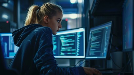 Woman Programming in Dark Room