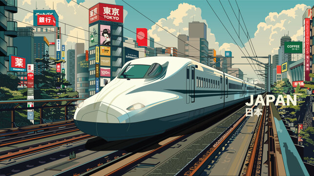 Japan bullet train with Tokyo city background. Japanese translation - Pharmacy, bank, tokyo, tax free, karaoke, bakery, convenience store, gym, dentist, beef, spectacles, cafe, tea, electronic, japan.