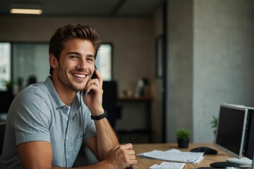 young smiling man in an office making a phone call while sitting in front of his computer