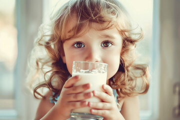 Portrait of girl with a glass of milk, milk day - Powered by Adobe