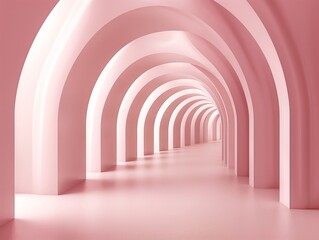A symmetrical view down a long, pink corridor with elegant arches creating a peaceful perspective.