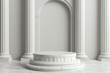 Exhibition stand, podium in the form of classic Greek Ionic pillars. Mockup with marble product podium for cosmetics display.