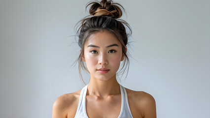 Yoga Fashion: Asian Girl with Elegant Updo, Serene Style: Updo Hair for Asian Yoga Girl, Asian Model in Yoga Outfit with Stylish Updo, Fashionable Yoga Look: Asia Girl's Updo Hairstyle