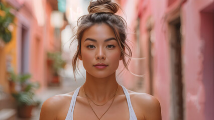Yoga Fashion: Asian Girl with Elegant Updo, Serene Style: Updo Hair for Asian Yoga Girl, Asian Model in Yoga Outfit with Stylish Updo, Fashionable Yoga Look: Asia Girl's Updo Hairstyle