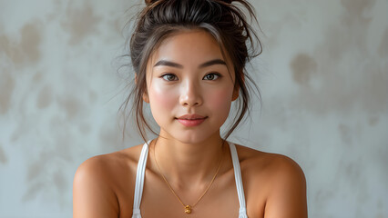 Yoga Fashion: Asian Girl with Elegant Updo, Serene Style: Updo Hair for Asian Yoga Girl, Asian Model in Yoga Outfit with Stylish Updo, Fashionable Yoga Look: Asia Girl's Updo Hairstyle