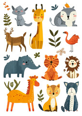 Set of Cute Cartoon Animals on a white background.