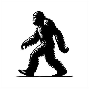 recommend clip art: Black and white silhouette of a walking sasquatch (bigfoot)	