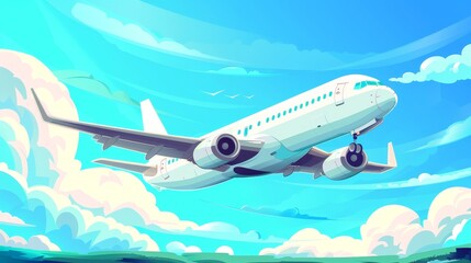 Airplane flying in the sky with clouds. Various concepts related to travel, commercial aviation, delivery of cargo, and journeys. Modern cartoon illustration of flying big white airplane.