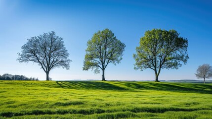 Obraz premium Trees with green grass under a clear blue sky