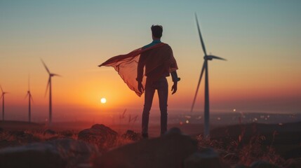 Person in a cape stands in front of wind turbines at sunset, representing ecofriendly heroism