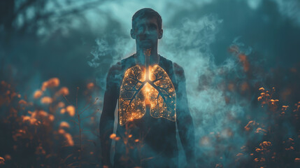 Silhouette of a person standing in a cloud of smoke ,lung tumors, dust pm 2.5