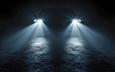 Car headlights flicker in the dark as the sports car switches between LED headlights at night