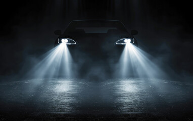 Car headlight blinking in the dark, depicting the switching of LED headlights on a sports car at night