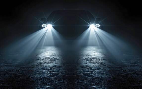 Car headlights flicker in the dark as the sports car switches between LED headlights at night