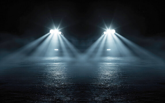 The car's headlight blinks in the darkness, showing the switch of LED headlights on a sports car at night