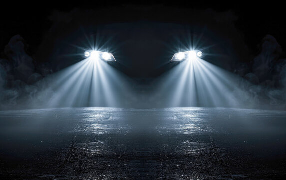 Car headlights flicker in the dark as the sports car switches between LED headlights at night