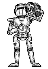 Robot with boombox music player sketch engraving PNG illustration. T-shirt apparel print design. Scratch board style imitation. Black and white hand drawn image.