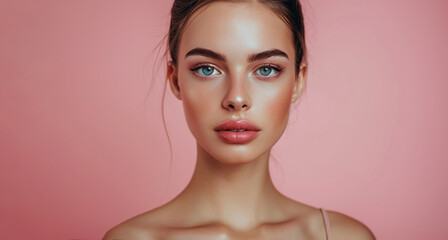Fototapeta premium Woman smiling while touching her flawless glowy skin with copy space. Advertisement, skincare. Skincare. Woman with beautiful face touching healthy facial skin.