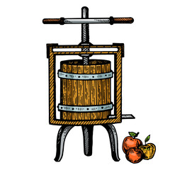 Apple cider juice press engraving PNG illustration. T-shirt apparel print design. Scratch board imitation. Black and white hand drawn image.