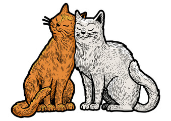 Cat love couple hug sketch engraving PNG illustration. T-shirt apparel print design. Scratch board style imitation. Black and white hand drawn image.