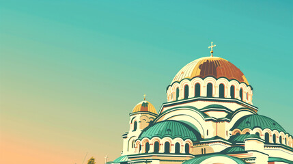 copy space, illustration, Alexander Nevski cathedral, Sofia. Must-see touristic spot in Sofia, the capital city of bulgaria, europe. Catholic-orthodox church. Tourist hot-spot.