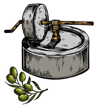 Ancient olive oil press sketch engraving PNG illustration. T-shirt apparel print design. Scratch board imitation. Black and white hand drawn image.