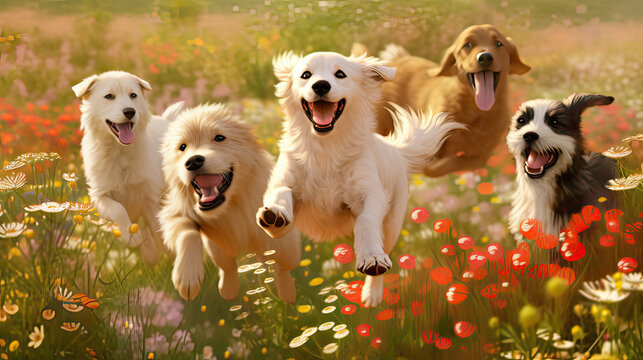 Group of playful dogs joyfully running through a colorful wildflower meadow during golden hour.