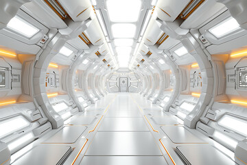 Modern Futuristic Sci Fi Spaceship White Empty Corridor With Door And Orange Neon Glowing Lights. Science background fiction interior rendering sci-fi spaceship corridors yellow light.