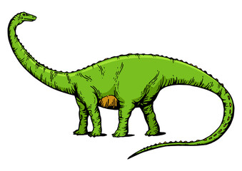 Diplodocus dinosaur prehistoric extinct animal sketch engraving PNG illustration. T-shirt apparel print design. Scratch board imitation. Black and white hand drawn image.