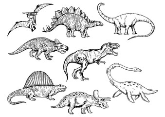 Dinosaur set sketch engraving PNG illustration. T-shirt apparel print design. Scratch board style imitation. Black and white hand drawn image. © Oleksandr Pokusai