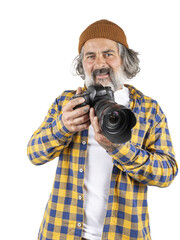 Male photographer with professional camera on white or transparent background