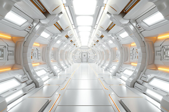 Modern Futuristic Sci Fi Spaceship White Empty Corridor With Door And Orange Neon Glowing Lights. Science background fiction interior rendering sci-fi spaceship corridors yellow light.