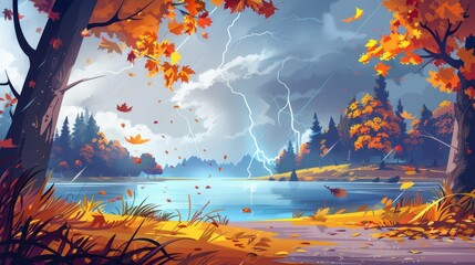 Detailed modern illustration of oak and maple trees in a forest with a thunderstorm. Modern illustration of fall woodlands with a lake and lightning in the sky.