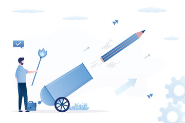 Confident creative man launch new idea by shooting pencil cannon into sky. Launch creativity idea, boost inspiration and challenge, start writing blog, storytelling.