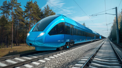 Fototapeta premium Hydrogen-powered train runs on clean energy, producing only water vapor as a byproduct.