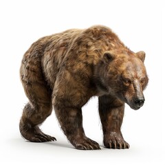 Detailed and realistic illustration of a brown bear in a dynamic pose, isolated against a clean white background, showcasing its impressive physique and fur texture.
