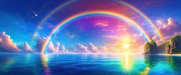 Obraz premium Colorful rainbow and beautiful sky sunset. Ocean reflection. Web banner design