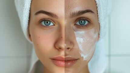 Closeup of a woman's face with half showing clean skin and the other covered in a cleansing mask