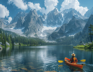 Rear view of kayaker at beautiful landscape background with mountains. Kayaking, canoeing, paddling